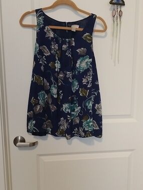LOFT Navy Floral Swing Dress with Teal and Olive Accents